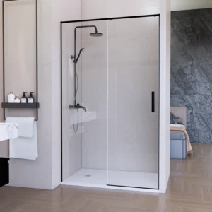mampara ducha frontal corredera lux freno seguridad perfil fino transparente negro mate antical 1 puerta 1 fijo 6mm 1