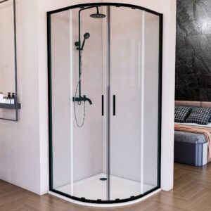 mampara ducha semicircular corredera negro mate anodizado bano panel 2 puertas 1